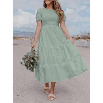ZESICA Women's 2024 Casual Summer Crew Neck Short Puff Sleeve Smocked High Waist Ruffle Tiered A Line Midi Dress,DustyGreen,X-Large