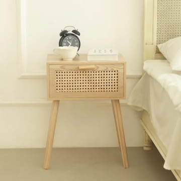 AWASEN Rattan Nightstand, Bedside Table with Rattan Drawer, Wood End Table with Storage and Solid Wo...
