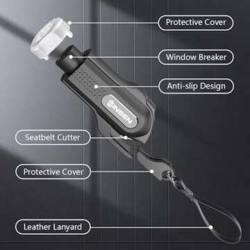 SINSEN Car Safety Hammer, 2-Pack Window Glass Breaker & Seatbelt Cutter, Emergency Keychain, Automotive Escape Kit and Survival Tool for Land/Underwater, Black