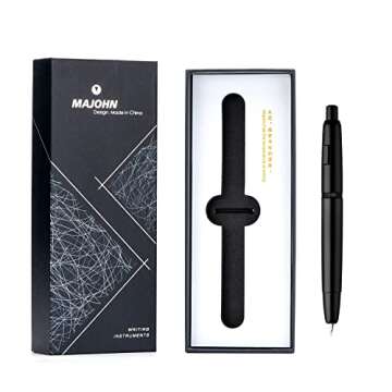 Majohn A1 Press Fountain Pen with Box, Retractable Extra Fine Nib Metal Matte Black Ink Pen with Converter for Writing (No Clip Version)