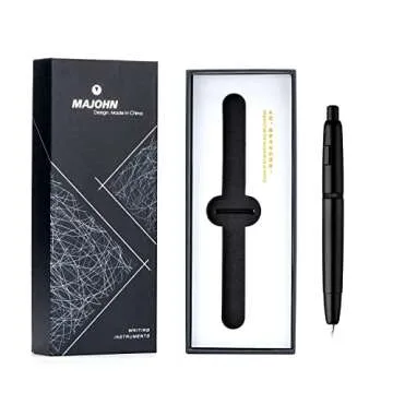 Majohn A1 Press Fountain Pen with Box, Retractable Extra Fine Nib Metal Matte Black Ink Pen with Converter for Writing (No Clip Version)