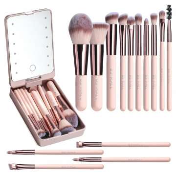 Travel Makeup Brush Set with LED Mirror - 14 Pcs