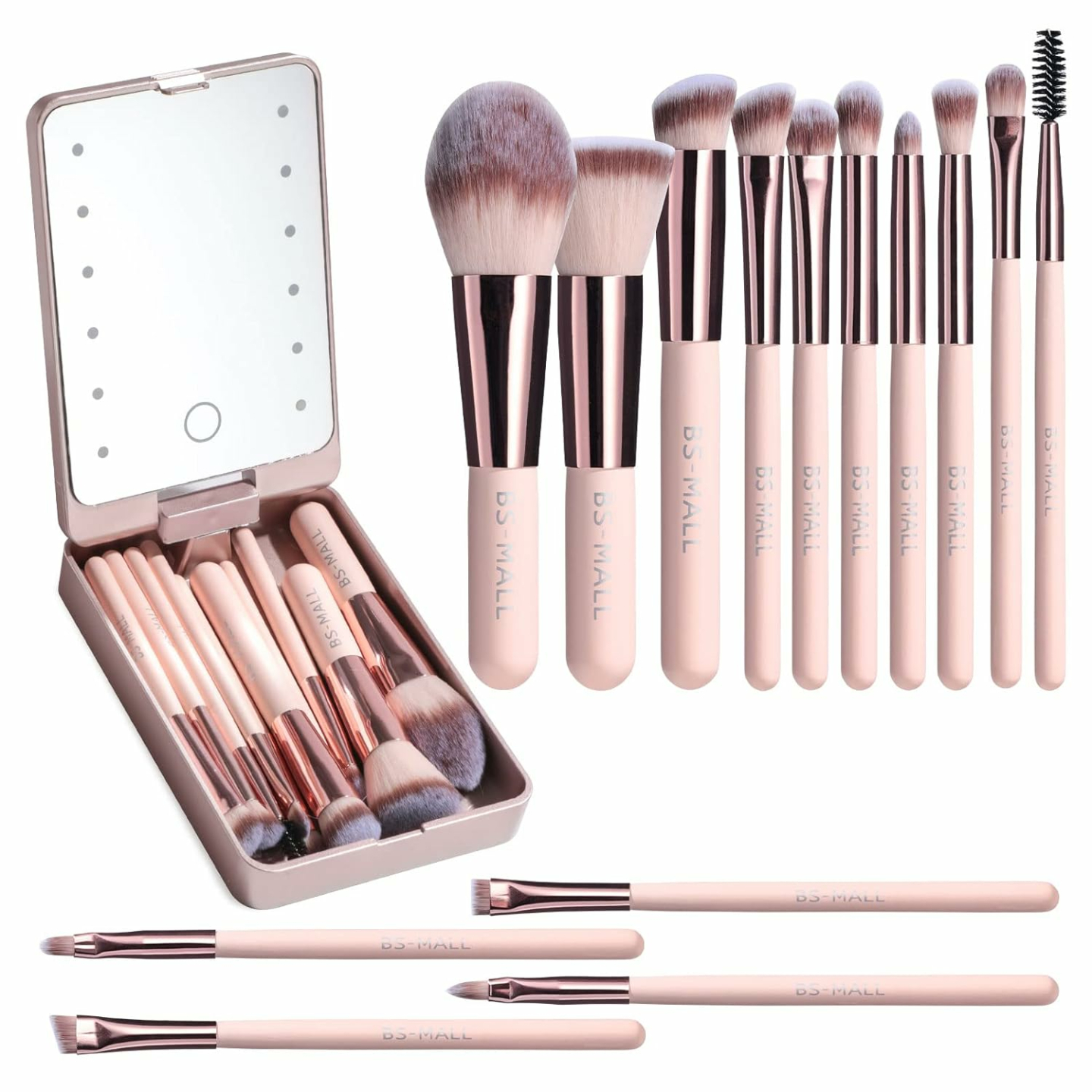 Travel Makeup Brush Set with LED Mirror - 14 Pcs