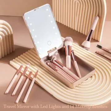 Travel Makeup Brush Set with LED Mirror - 14 Pcs