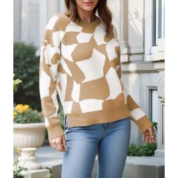 CCTOO Women's Checkered Oversized Fall Sweater Khaki