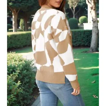 CCTOO Women's Checkered Oversized Fall Sweater Khaki