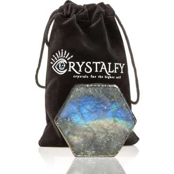 Grips by CRYSTALFY Labradorite Gold Edge Crystal Phone Grip Holder & Expanding Kickstand - Natural Gemstone Swappable Top Accessory for iPhone, iPad, Kindle & Mobile Devices