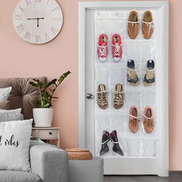 Simple Houseware 24 Pockets Large Clear Pockets Over The Door Hanging Shoe Organizer, White (56" x 2...