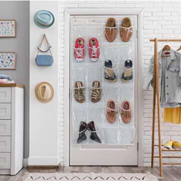 Simple Houseware 24 Pockets Large Clear Pockets Over The Door Hanging Shoe Organizer, White (56" x 22.5")