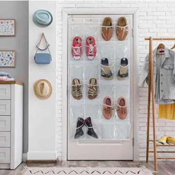 Simple Houseware 24 Pockets Large Clear Pockets Over The Door Hanging Shoe Organizer, White (56" x 22.5")