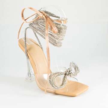 Mata Shoes Women's lace up rhinestone high heel sandals Ball Night NUDE 10