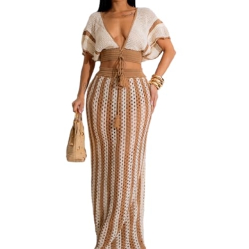 REASERAL Womens Knit 2 Piece Outfits Short Sleeve Hollow Out Top Striped Maxi Skirt Summer Vacation ...