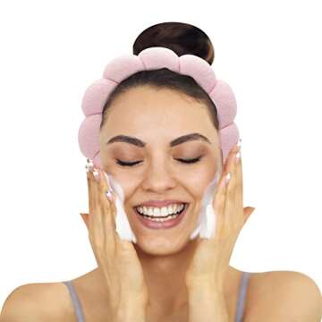 Spa Headband Women, Makeup Hair Band for Washing Face, Sponge Spa Headband Makeup Removal, Shower, Facial Mask, Thick Skincare Hair Accessory (Pink)