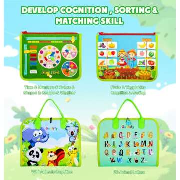 Guolely Busy Board - Montessori Toys for 1 2 3 4 Year Old with Life Skill, Role-Play,Alphabet, Number, Shape, Animal, Weather, Toddlers Travel Toy Gift Ideal for Boy Girl-Green