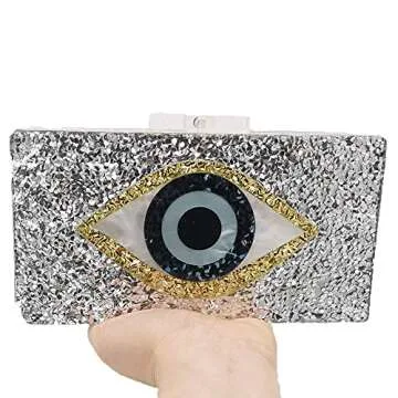 Evil Eye Clutch for Women Stylish Acrylic Box Evening Bag Glitter Party Banquet Purse Handbag (Silver)