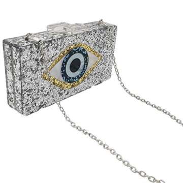 Evil Eye Clutch for Women Stylish Acrylic Box Evening Bag Glitter Party Banquet Purse Handbag (Silver)