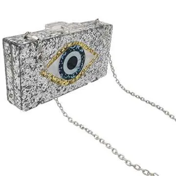 Evil Eye Clutch for Women Stylish Acrylic Box Evening Bag Glitter Party Banquet Purse Handbag (Silver)