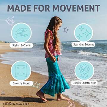 Butterfly Craze Little Girl's Mermaid Costume, Top/Dress with Skirt - Perfect for Birthday Parties, Halloween, School Fairs or Pretend-Play or Dress-Up, Pink Top, Turquoise Skirt, Large (5-6yrs)