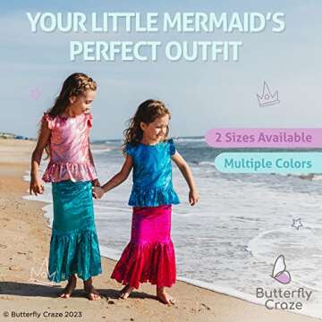 Butterfly Craze Little Girl's Mermaid Costume, Top/Dress with Skirt - Perfect for Birthday Parties, Halloween, School Fairs or Pretend-Play or Dress-Up, Pink Top, Turquoise Skirt, Large (5-6yrs)