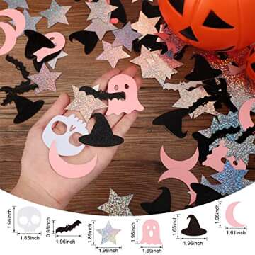 600 Pieces Black and Pink Party Decorations Halloween Bat Ghost Confetti Glitter Halloween Confetti Star Moon Skull Witches Hat Paper Confetti for Halloween Party Table Decorations, 6 Designs