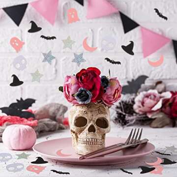 600 Pieces Black and Pink Party Decorations Halloween Bat Ghost Confetti Glitter Halloween Confetti Star Moon Skull Witches Hat Paper Confetti for Halloween Party Table Decorations, 6 Designs