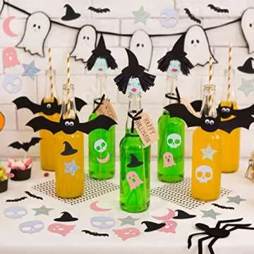 600 Pieces Black and Pink Party Decorations Halloween Bat Ghost Confetti Glitter Halloween Confetti Star Moon Skull Witches Hat Paper Confetti for Halloween Party Table Decorations, 6 Designs