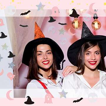 600 Pieces Black and Pink Party Decorations Halloween Bat Ghost Confetti Glitter Halloween Confetti Star Moon Skull Witches Hat Paper Confetti for Halloween Party Table Decorations, 6 Designs