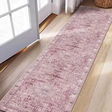 DECOMALL Runner Rug for Hallway Kitchen, Washable Long Rugs Pink, Bohemian Vintage Foldable Carpet for Entryway Entrance, 2'6"x9'