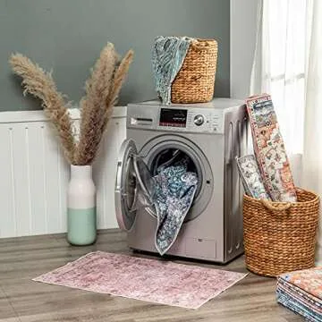 DECOMALL Runner Rug for Hallway Kitchen, Washable Long Rugs Pink, Bohemian Vintage Foldable Carpet for Entryway Entrance, 2'6"x9'