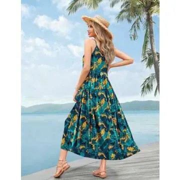 YESNO Summer Bohemian Floral Dresses for Women Spaghetti Straps Maxi Dress Casual Flowy Dresses with Pockets 3XL ES0 CR438