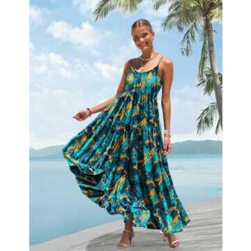 YESNO Summer Bohemian Floral Dresses for Women Spaghetti Straps Maxi Dress Casual Flowy Dresses with Pockets 3XL ES0 CR438