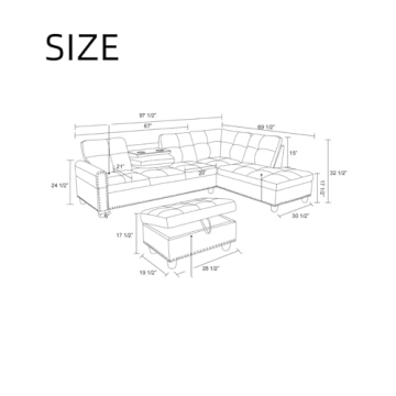 ChicFurnit L Shaped Sectional Couches, Modular Sectional Sofa with Ottoman Storage, Nail-Head Design Lounge Sofa with Reversible Cup Holder for Living Room, Bedroom, Gray