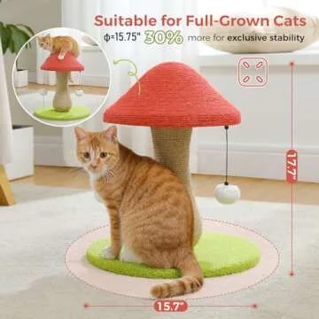 PETEPELA Mushroom Cat Scratching Post, Cat Scratcher Cute with 100% Sisal Covered Scratching Post & Pompoms Cat Toy, Mushroom Cat Post for Indoor Cats
