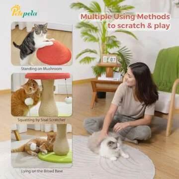 PETEPELA Mushroom Cat Scratching Post, Cat Scratcher Cute with 100% Sisal Covered Scratching Post & Pompoms Cat Toy, Mushroom Cat Post for Indoor Cats