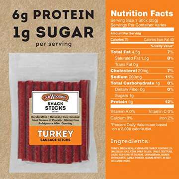 Old Wisconsin Turkey Sausage Snack Sticks, Naturally Smoked, Ready to Eat, High Protein, Low Carb, K...