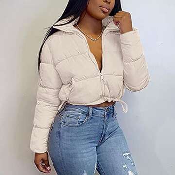 Leirke Women's Winter Puffer Jacket Cropped Full-Zip Long Sleeve Pocketed Warm Quilted Padded Crop Bubble Coat(Beige,Medium)
