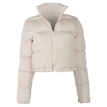 Leirke Women's Winter Puffer Jacket Cropped Full-Zip Long Sleeve Pocketed Warm Quilted Padded Crop Bubble Coat(Beige,Medium)
