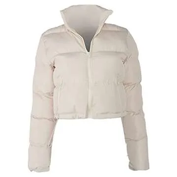 Leirke Women's Winter Puffer Jacket Cropped Full-Zip Long Sleeve Pocketed Warm Quilted Padded Crop Bubble Coat(Beige,Medium)