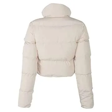 Leirke Women's Winter Puffer Jacket Cropped Full-Zip Long Sleeve Pocketed Warm Quilted Padded Crop Bubble Coat(Beige,Medium)