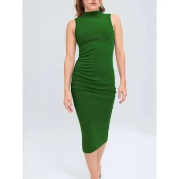 CIDER Work Dresses for Women High Neck Sleeveless Bodycon Ruched Cocktail Party Midi Dresses Green