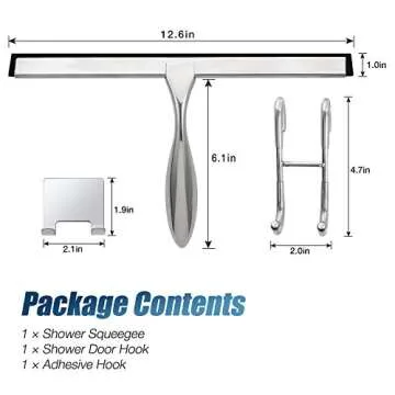 Simtive 12-Inch Shower Squeegee Set, Includes Shower Door Hook and Adhesive Hook, Squeegee for Shower Doors, Mirror and Window, Silver