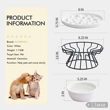 AOMRYOM Slow Feeder Cat Bowl with Elevated Metal Stand & Water Bowl, Ceramic Fun Interactive Slow Do...