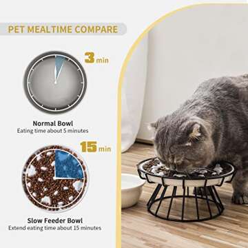 AOMRYOM Slow Feeder Cat Bowl with Elevated Metal Stand & Water Bowl, Ceramic Fun Interactive Slow Down The Eating Speed of Cats and Dogs, Against Bloat, Less Vomiting Pet Feeding Dish, White