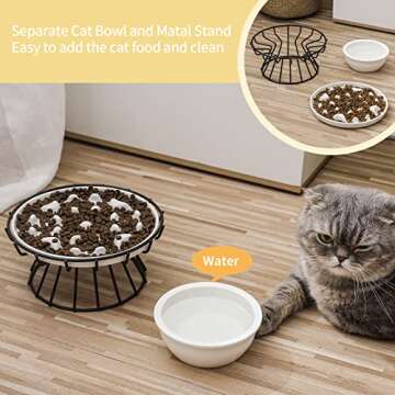AOMRYOM Slow Feeder Cat Bowl with Elevated Metal Stand & Water Bowl, Ceramic Fun Interactive Slow Down The Eating Speed of Cats and Dogs, Against Bloat, Less Vomiting Pet Feeding Dish, White