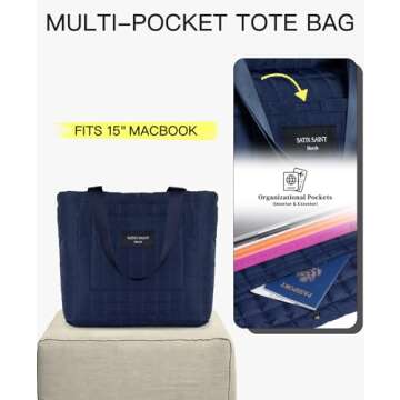 SATIN SAINT Unisex Tote Bag Lightweight Quilted, 35L Puffer Tote for Women Men Unisex, Gym Bag Carry On Shoulder Bag Overnight Travel Weekender Bags Yoga Bag Womens Quality Totebag, Navy Blue