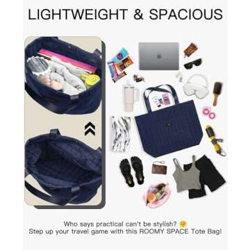 SATIN SAINT Unisex Tote Bag Lightweight Quilted, 35L Puffer Tote for Women Men Unisex, Gym Bag Carry On Shoulder Bag Overnight Travel Weekender Bags Yoga Bag Womens Quality Totebag, Navy Blue