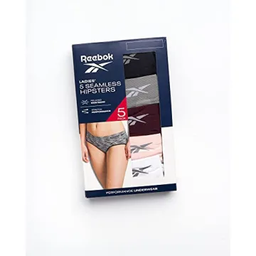 Reebok Women's Hipster Panties - 5 Pack Breathable Stretch Performance Hipster Briefs - Seamless Underwear for Women (S-XL), Size Large, Black/Heather Grey/Pink/Burgundy/White-grey Stripe