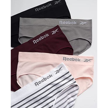 Reebok Women's Hipster Panties - 5 Pack Breathable Stretch Performance Hipster Briefs - Seamless Underwear for Women (S-XL), Size Large, Black/Heather Grey/Pink/Burgundy/White-grey Stripe