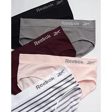 Reebok Women's Hipster Panties - 5 Pack Breathable Stretch Performance Hipster Briefs - Seamless Underwear for Women (S-XL), Size Large, Black/Heather Grey/Pink/Burgundy/White-grey Stripe