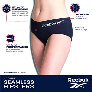 Reebok Women's Hipster Panties - 5 Pack Breathable Stretch Performance Hipster Briefs - Seamless Underwear for Women (S-XL), Size Large, Black/Heather Grey/Pink/Burgundy/White-grey Stripe